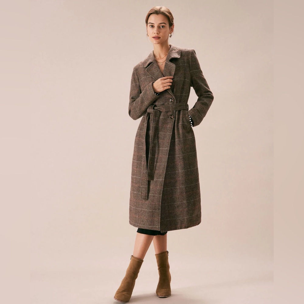 RIHOAS The Coffee Lapel Belted Double Breasted Coat M